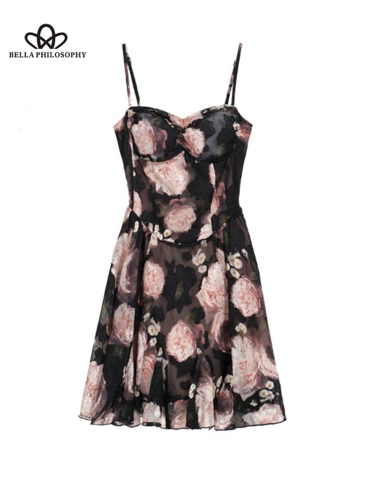 

Весенне-летнее новое платье на бретельках с v-образным вырезом, женское платье с цветочным принтом, повседневное милое пляжное вечернее платье L чёрный