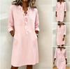Robe chemise midi ample unie en mélange de lin pour femme, col en V, devant à volants, manches trois quarts