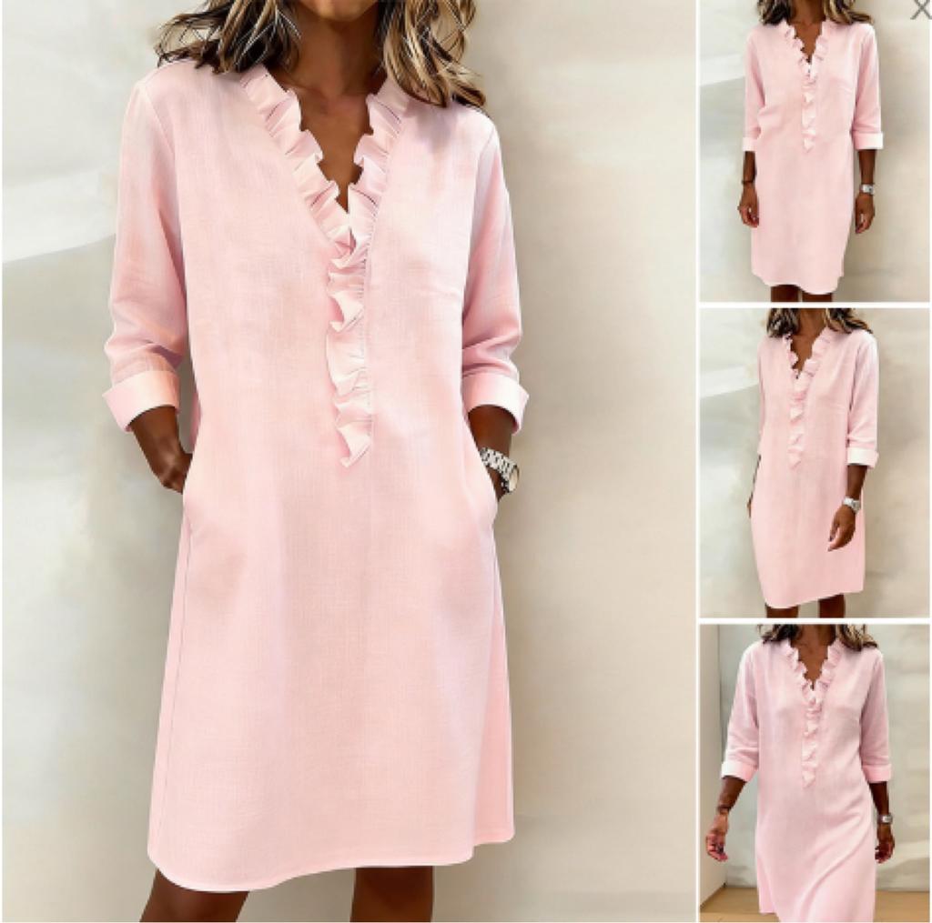 Women's V Neck Ruffle Front Three Quarter Sleeve Loose Solid Linen Blend Midi Shirt Dress
