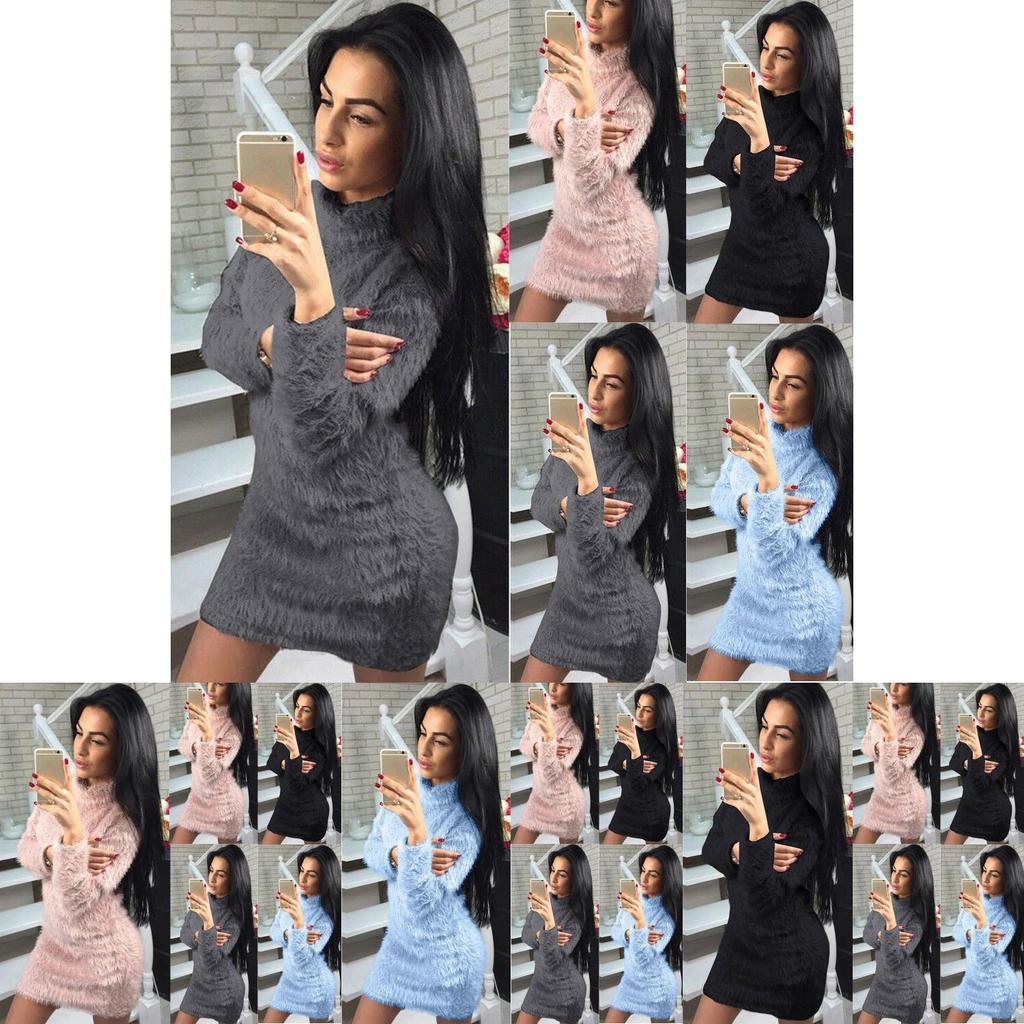 Women Winter Long Sleeve Fluffy Sweater Tops Ladies Party Bodycon Jumper Dress