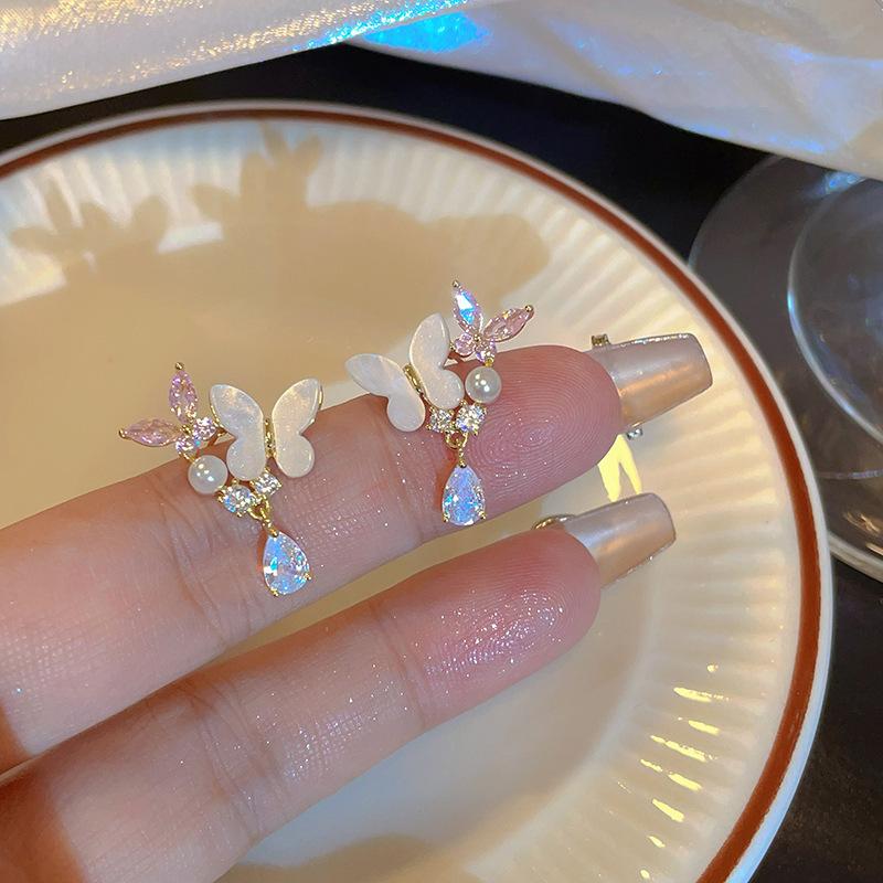 Elegant Fine Crystal Snow Gauze Bowknot Earrings for Women Girl Romantic Temperament Dangle Earrings Wedding Jewelry Accessories