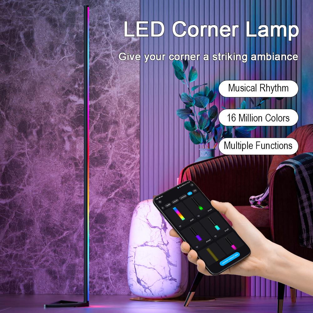 Smart RGBIC LED Corner Floor Lamp Music Sync 16 Million DIY Colors App&Remote Control Changing Ambient Lighting for Home Gaming