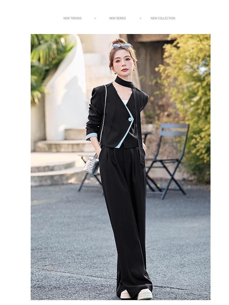 Stylish Spring 2025 Women's Patchwork V-neck Jacket & Wide-leg Pants Two-piece Set