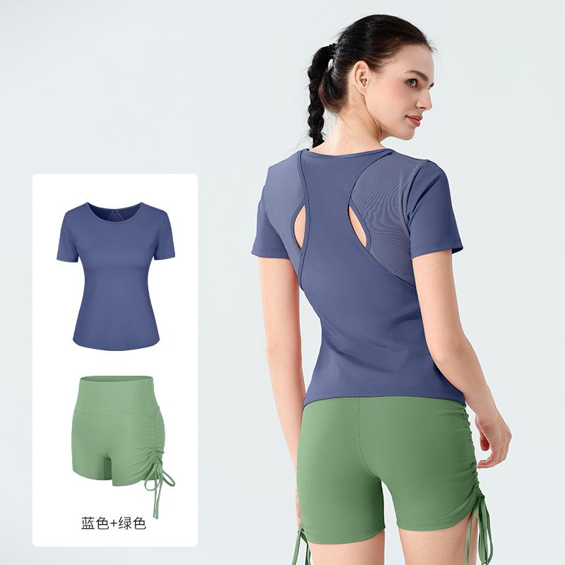European and American spring and summer mesh splicing yoga suit women's short-sleeved tight fitness suit breathable quick-drying sportswear