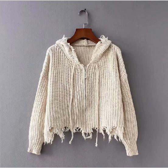 Damen Kapuzen-Strickjacke mit Quasten Reißverschluss Pullover Lässige Langarm-Strickjacke