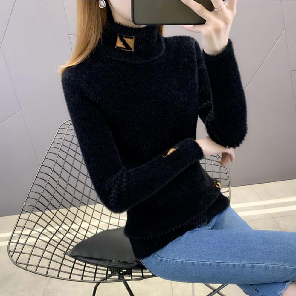 

Women s Autumn Winter Sweater with A High Collar Jacquard Tight-fitting Knitted Shirt with A Letter Print 3XL