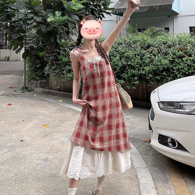 Blue plaid suspender dress women's new summer vacation two pieces seaside wear skirt vacation dress