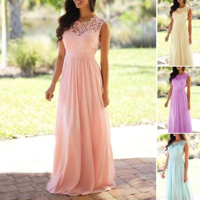 O-neck Waist Tight Sleeveless Draped Hem Chiffon Dress Elegant Crochet Lace Patchwork Long Dress Female Clothing