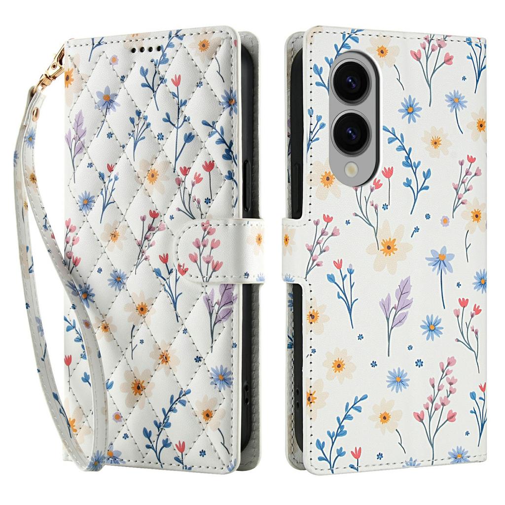 Für Samsung Galaxy S25 Edge Brieftasche Hülle Rhombisches Blumendesign Leder Klapphandyhülle mit Riemen