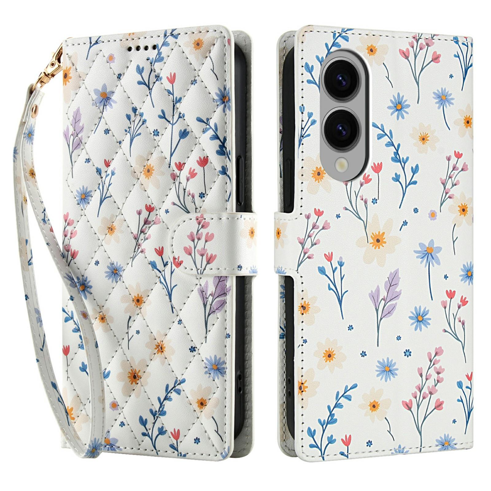 

For Samsung Galaxy S25 Edge Wallet Case Rhombic Floral Design Leather Flip Phone Cover with Strap B