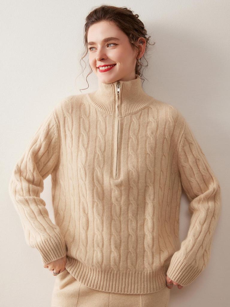Women's Half-Zip Cashmere Sweater - Autumn/Winter Cable Knit, Gentle Style, Half-High Neck Base Layer.