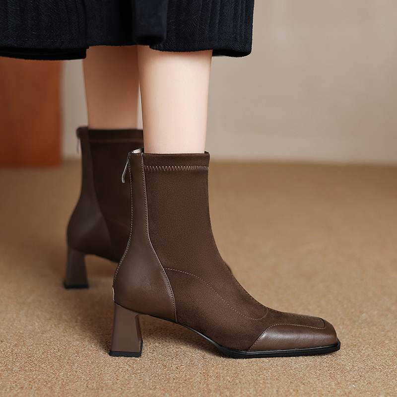 Krazing Pot Flock Autumn Winter Shoes Thick High Heels Big Size 40 Modern Boots Square Toe Keep Warm Zip Ankle Boots