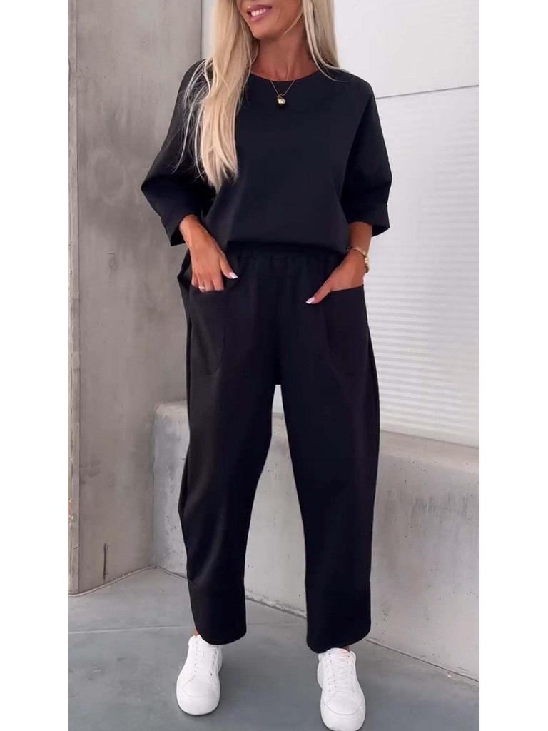 2026 Autumn/Winter Women's Solid Color Crew Neck Long Sleeve Top & Pocket Pants Set