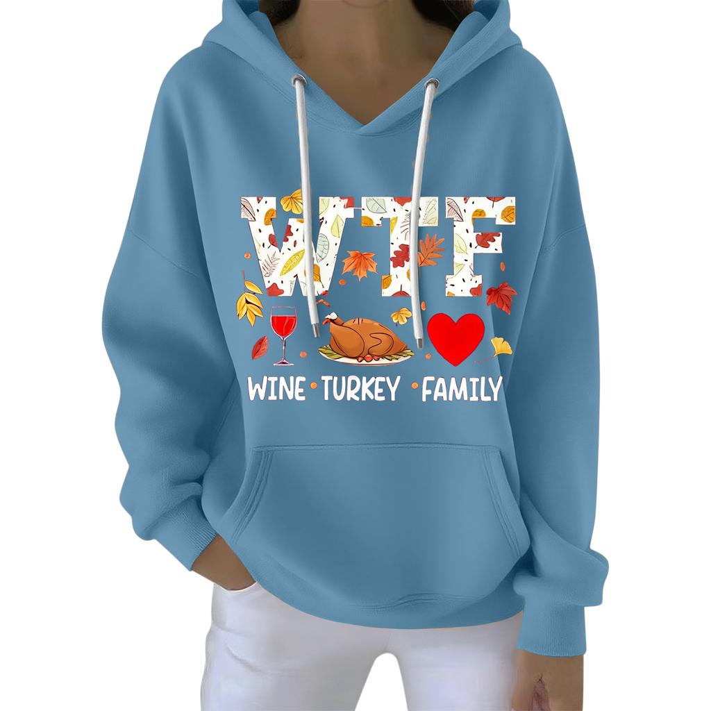 Women's Loose Comfort Drawstring V-Neck Long Sleeve Thanksgiving Print Hoodie