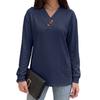 Solid Color V Neck Button Decor Loose Long Sleeve Casual T Shirt Top