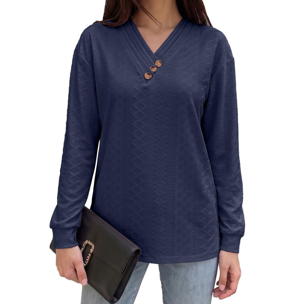 Solid Color V Neck Button Decor Loose Long Sleeve Casual T Shirt Top