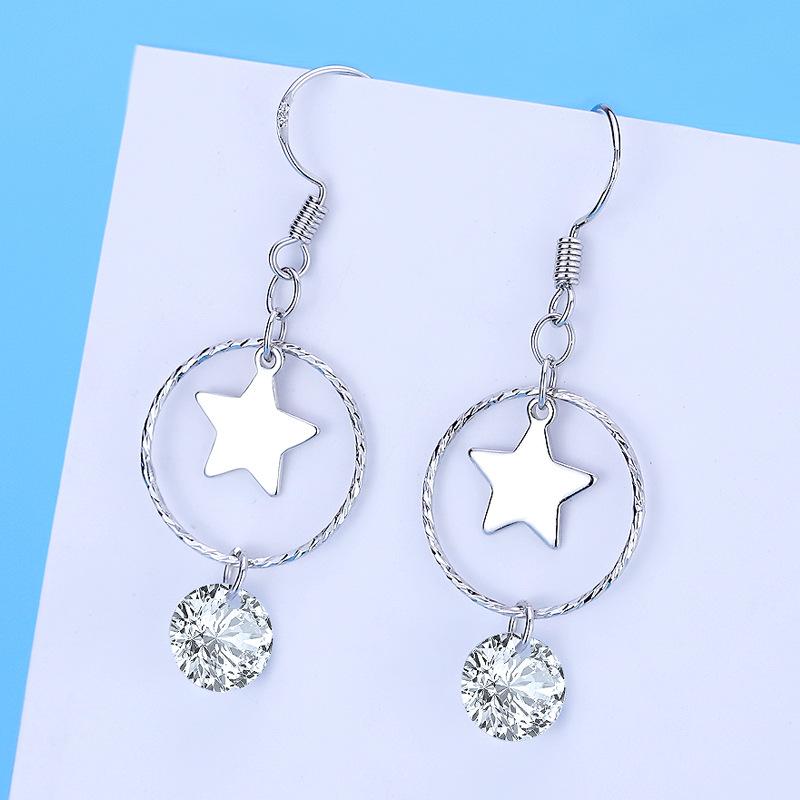 BELLA BOX S925 Sterling Silver Needle Star Tassel Zircon Geometric Earrings Moonfall Star Pearl Earrings