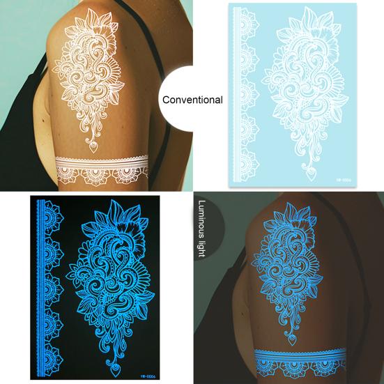 6Pcs Glow in Dark Tattoo Stickers, Lace Temporary Body Art for Hands, Waterproof Indian Mehndi Tattoos for Women Girls