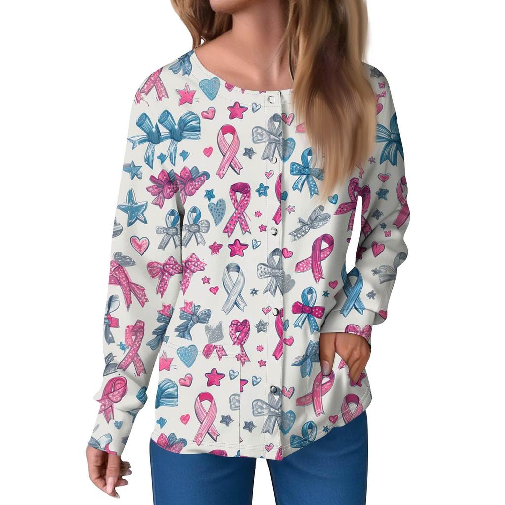 Women Long Sleeve Pattern Tops Pocket Working Stand-up Collar Single-breasted Protective Overalls Jacket Top Christmas