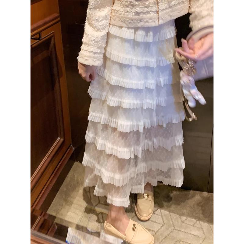 Women s Mesh Ruffle Polka Dot A-line Tiered Skirt L