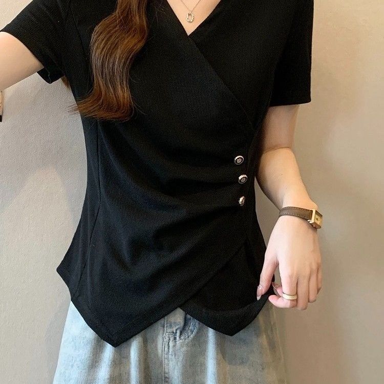 Large size design sense irregular front shoulder V-neck short-sleeved T-shirt women's summer new fat mm waist cover outer wear top