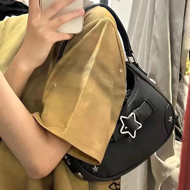 Women's Fashi PU Small Shoulder Bag Y2K Star Armpit Purse American Retro Black Chic Hobo Bag High Quality Designer New Handbag