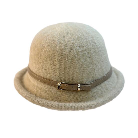 Yousheng Basin Hat Solid Color Plush Fabric Bucket Hat with Belt Decor Retro Style Basin Hat Autumn Winter Outdoor Activities Daily Wear