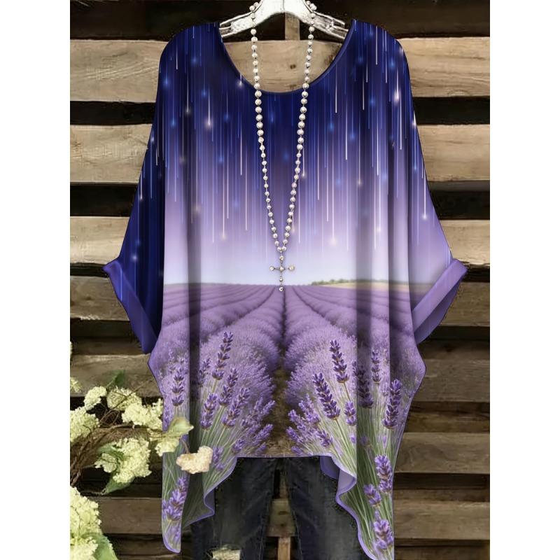 Summer Top Women Arrival Elegant Vacation Style Plus Size Simple Casual Meteor Pattern Print Irregular Hem Round Neck T-Shir