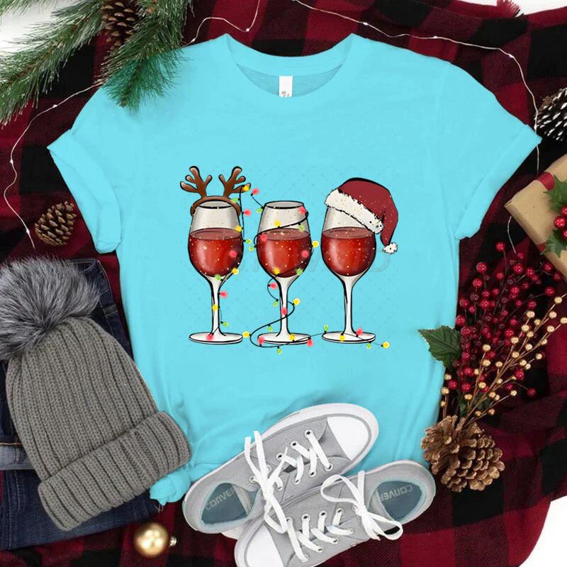 Women Wine Glass Christmas Hats T Shirt Lights Xmas Gifts Cartoon Top Happy New Year Tshirt Harajuku Fashion Womens Clothing