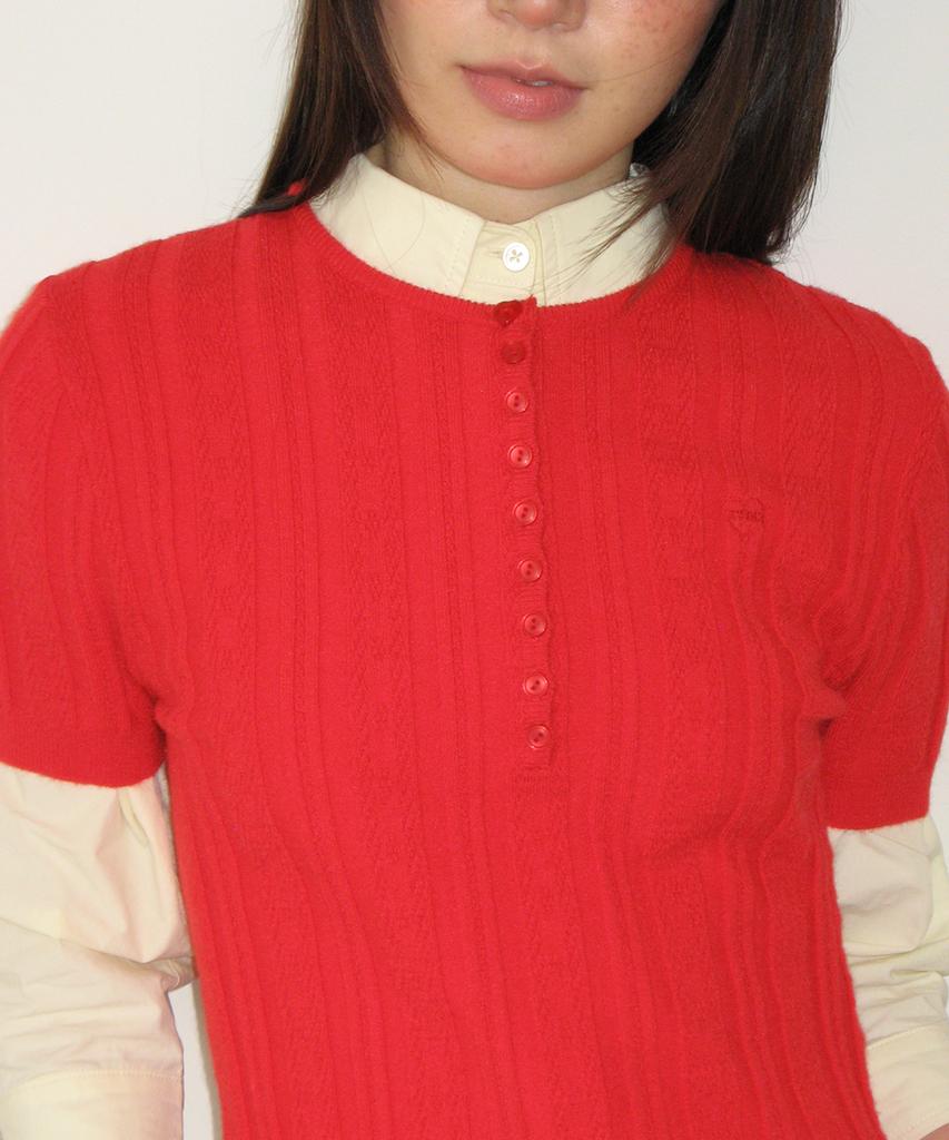 RONRON Button Point Slim Short Sleeve Knit Red