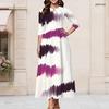 Women Plus Size Round Neck Keyhole 3 4 Sleeve Tie Dye White Purple Maxi Dress