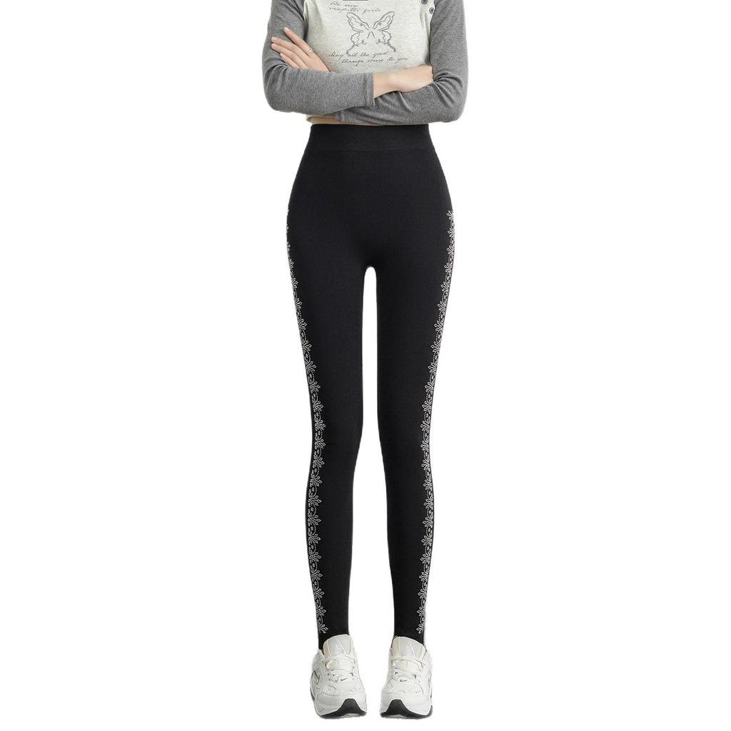 Shiny Rhinestone Side Stripe Modal Leggings - High Elasticity Yoga Pants for Women.
