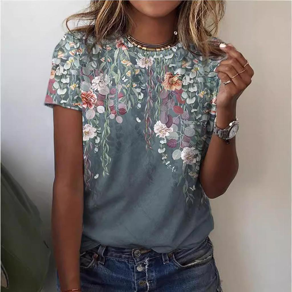 Women Floral Pattern T Shirt Vintage O Neck Short Sleeve Casual T-shirts Female Tee Tops