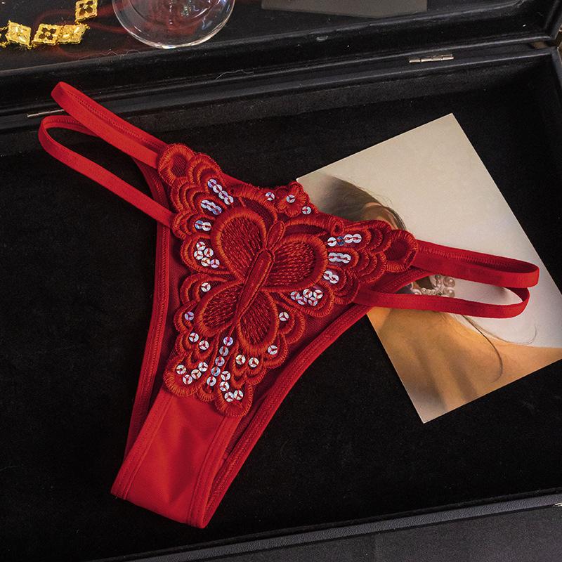 Ladies Spring and Summer New Sexy Lace Low Waist Sequins Transparent High Elastic Cotton Crotch Thong Underwear