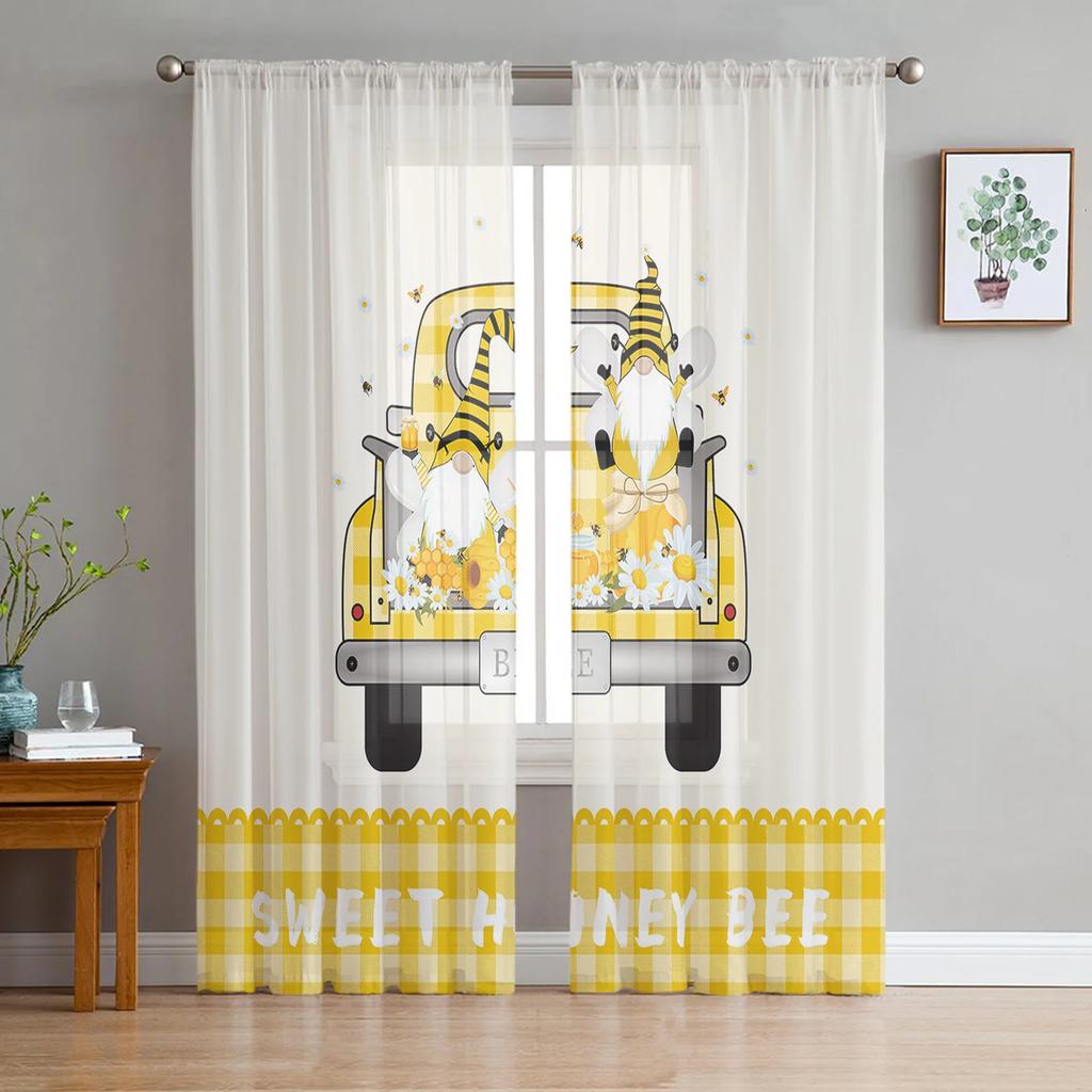 Modern Bee Azalea Retro Flower Tulle Curtains Living Room Bedroom Decoration Chiffon Voile Kitchen Window Curtain With Sheer Polyester Perfect For