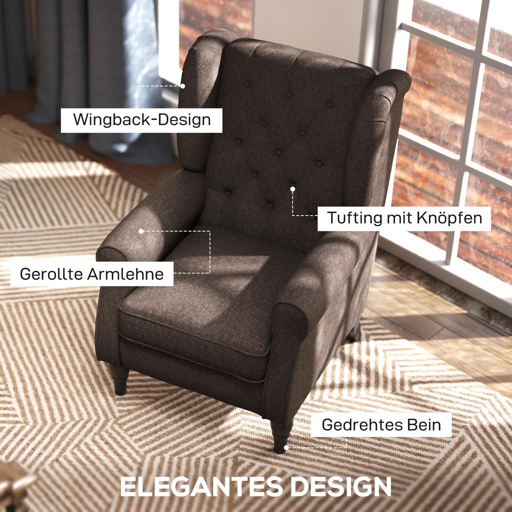 Poltrona Wing Chair con Braccioli, Sedia da Salotto con Cuscino, Trapuntatura, Poltrona con Schienale Alto e Gambe in Legno, Poltrona Reclinabile per Soggiorno, Camera da Letto