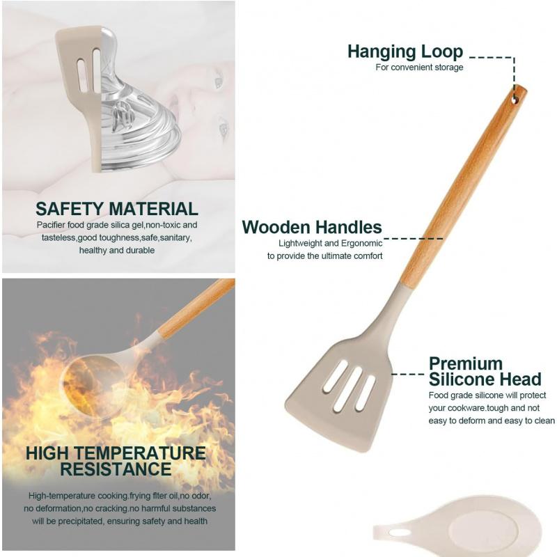 Cooking Utensil Set - 33 Piece Non-Stick Silicone Kitchen Utensil Kit with Wooden Handle, Bating Brush, Egg Beater, Tongs.
