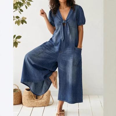 Women's Casual V-Neck Short-Sleeved Denim Jumpsuit
