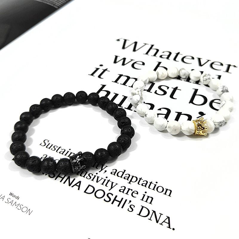 European & American Zirconia Crown Bracelet with Volcanic Stone & White Pine Beads