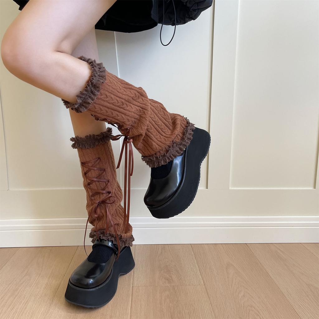 Winter Warm Knitted Leg Warmers Women Lolitas Harajuku Leg Covers Bowknot Flared Ruffle Trim Knee Highs Socks Leg Sleeves