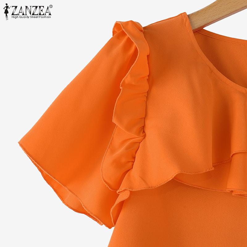 ZANZEA Women Summer Ruffled Layered Round Neck Short Sleeve Blouses