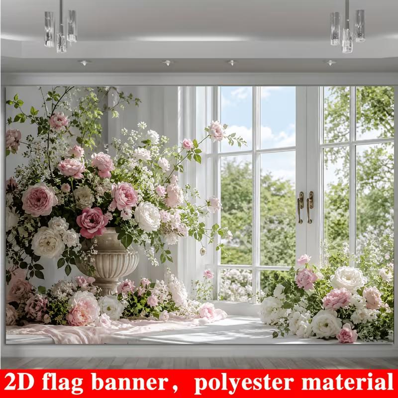 2D Flat Printing Pastel Floral Window Backdrop with Peonies and Roses