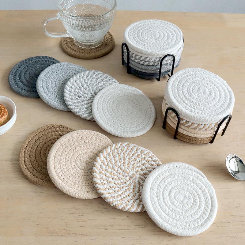 8 Pieces Cotton Rope Woven Placemats With Stand Insulation Pads For Drinks Woven Coaster Set Home Decoration