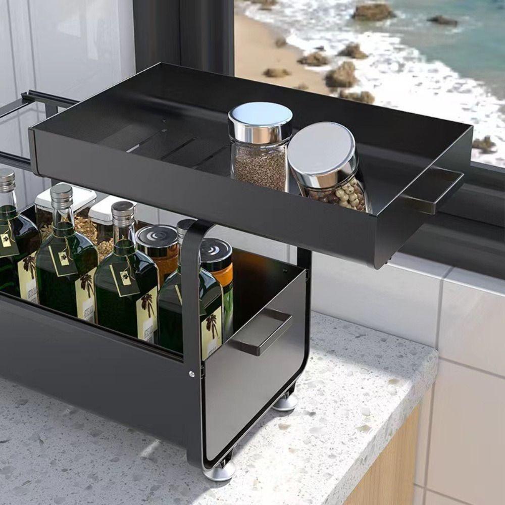 Double-layer Kitchen Sink Rack Carbon Steel Sliding Rack New Seasoning Storage Rack  Countertop Use