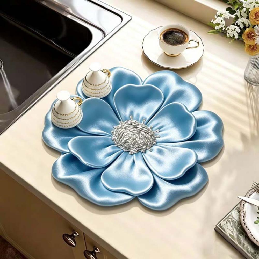 3D Flower Design Dish Draining Mat Water Absorbent Flower Countertop Mat  Bathroom