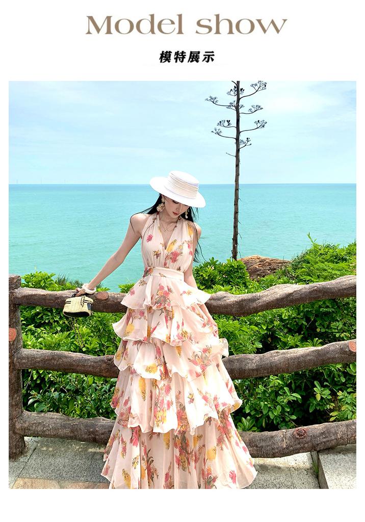 Chiffon printed lotus leaf edge pendulum dress long backless super fairy vacation dress real shot