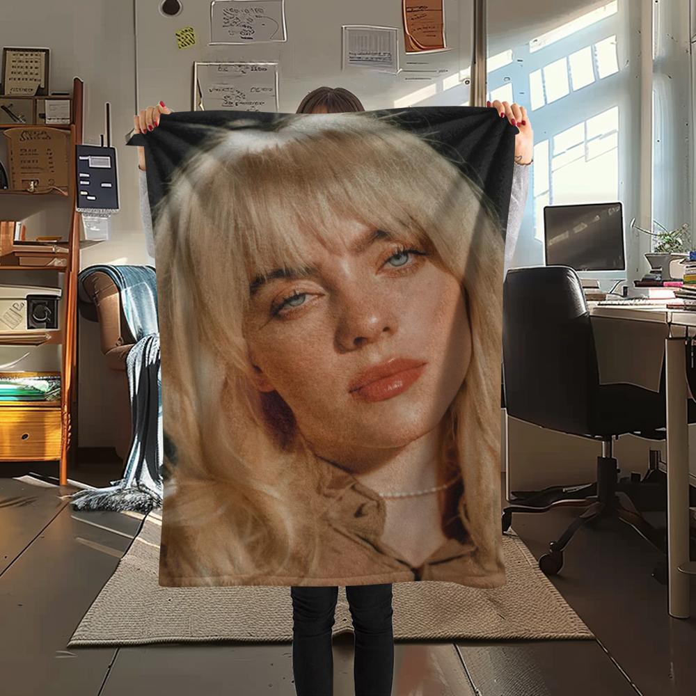 1Pc Billie Eilish Print Flannel Blanket, High quality Comfortable for All Seasons, Home Decor, Warmth and Comfort, Perfect for Christmas Gifts