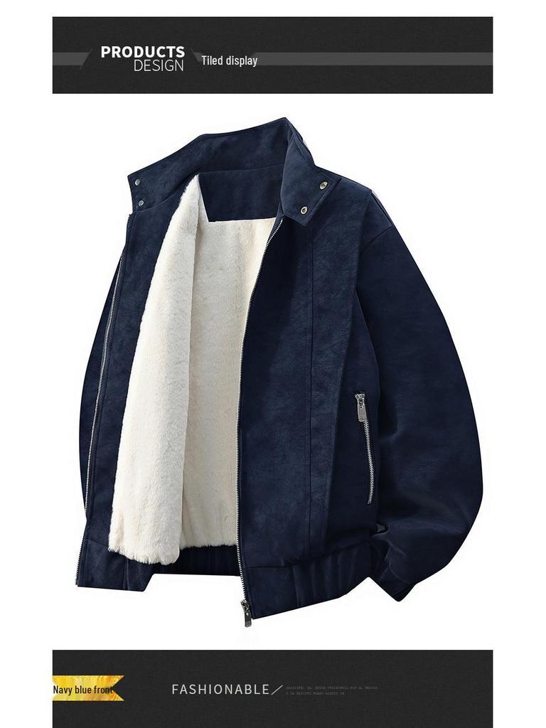 Men's Retro Stand Collar Velvet-Lined Leather Jacket - High-End Loose Fit for Autumn/Winter