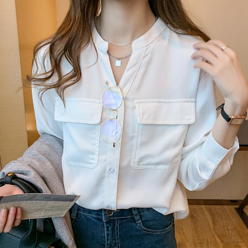 Women s spring and autumn shirt, new loose-fitting design, niche V-neck chiffon blouse, white top S белый
