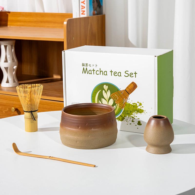 5-8pcs INS coarse pottery gradual change color tea stand matcha bowl set to order tea retro Matcha whisk set of tea tools